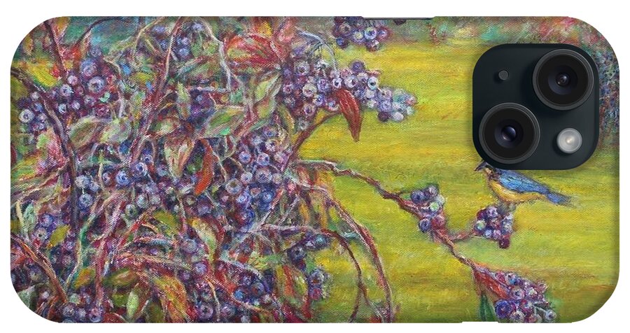 Bluebird iPhone Case featuring the painting Blueberry Bush And Bird by Veronica Cassell vaz
