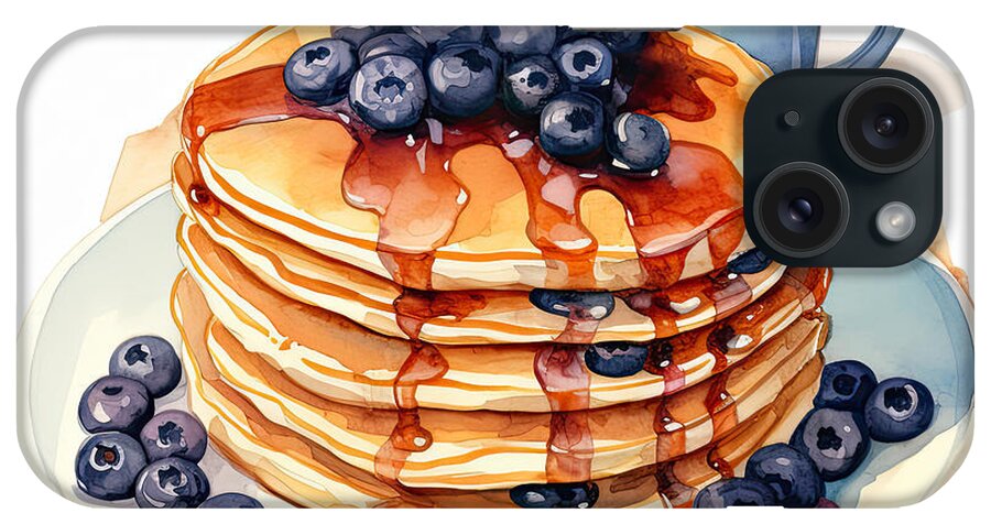 Pancake Art iPhone Case featuring the digital art Blueberry Pancakes - Blueberry Pancakes and Coffee by Lourry Legarde