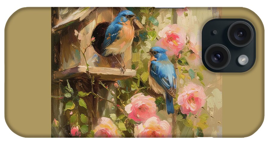 Bluebirds iPhone Case featuring the painting Bluebirds At The Bird House by Tina LeCour