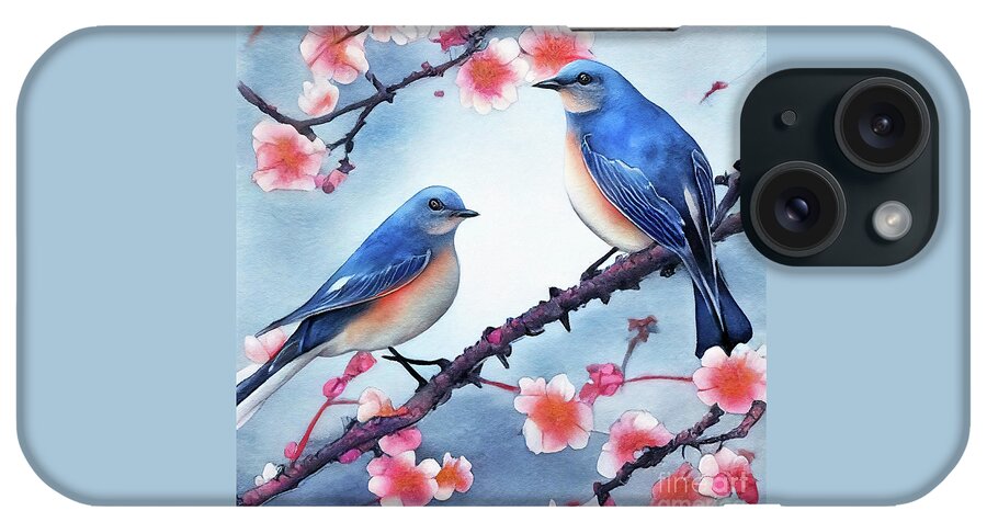 Bluebirds iPhone Case featuring the painting Bluebirds Perched In The Blossoms by Tina LeCour