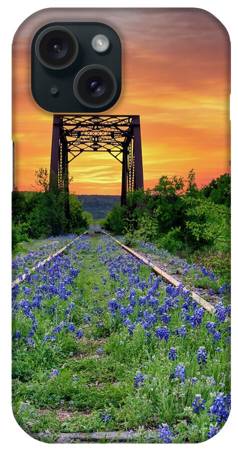 Texas iPhone Case featuring the photograph Bluebonnet at Railroad Tracks Sunrise Vertical by Bee Creek Photography - Tod and Cynthia