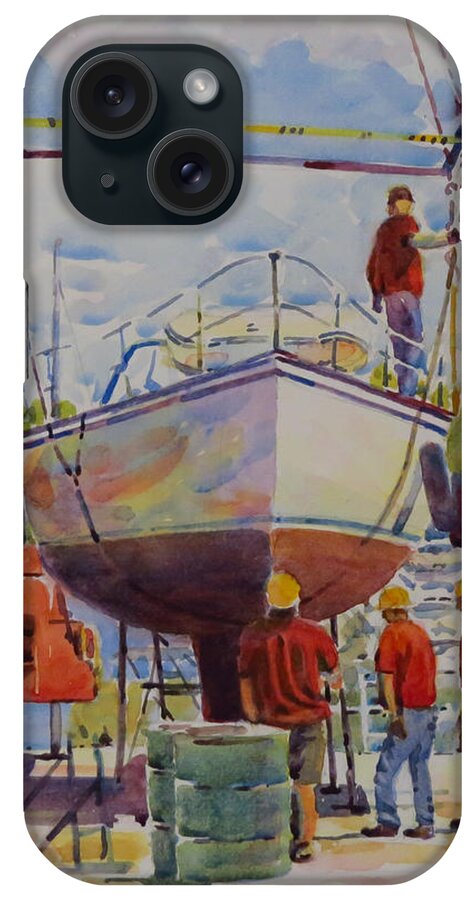 Collins Bay Yacht Club iPhone Case featuring the painting Boat in Lifting Straps by David Gilmore