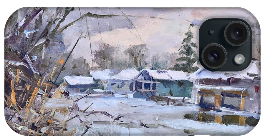 Boathouses iPhone Case featuring the painting Boathouses along the Frozen Canal by Ylli Haruni