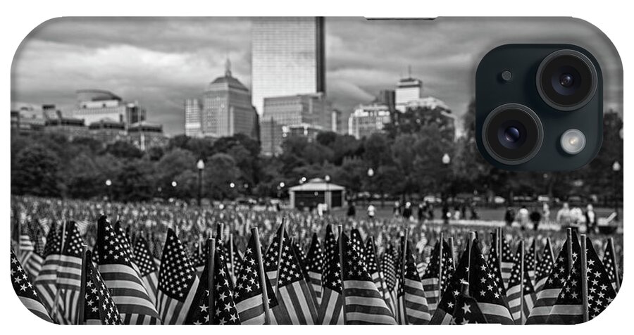 Boston iPhone Case featuring the photograph Boston Common Memorial Day Flags Dramatic Sky Boston Massachusetts Black and White by Toby McGuire