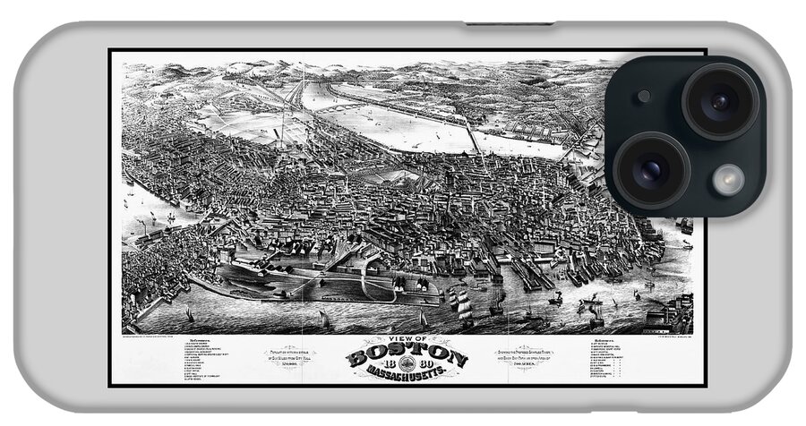 Boston iPhone Case featuring the photograph Boston Massachusetts Antique Map Birds Eye View 1880 Black and White by Carol Japp