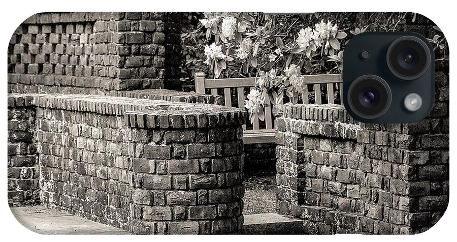 Brick Walls Bench Stairs Flowers B&w iPhone Case featuring the photograph Brick Walls2 by John Linnemeyer