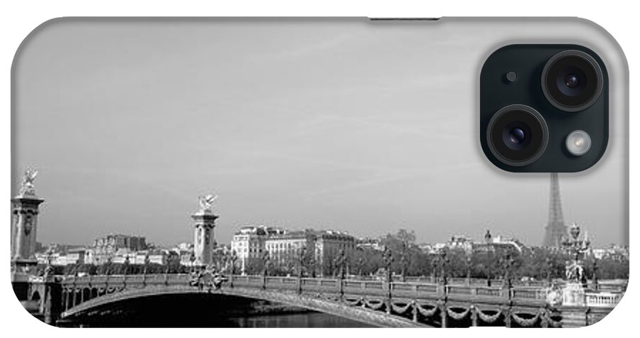 Alexandre Iii Bridge Arch Bridge Building Exterior Building Structure Cloud Black And White Day Eiffel Tower Europe France Horizontal Mediterranean Countries Nobody Outdoors Panoramic Paris Photography River Sky Structure Tower Water Architecture Capital Cities City Location Travel Destinations iPhone Case featuring the photograph Bridge over a river, Alexandre III Bridge, Eiffel Tower, Paris, France by Panoramic Images