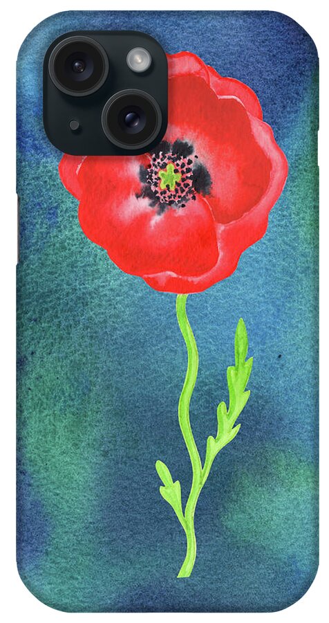 Poppy iPhone 15 Case featuring the painting Bright Beautiful Red Poppy Flower Happy Wildflower On Blue Watercolor III by Irina Sztukowski