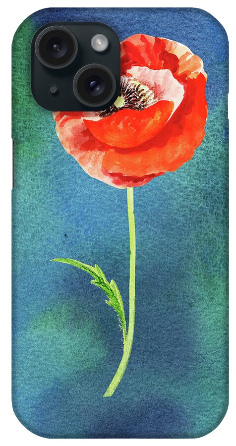 Poppy iPhone 15 Case featuring the painting Bright Beautiful Red Poppy Flower Happy Wildflower On Blue Watercolor IV by Irina Sztukowski