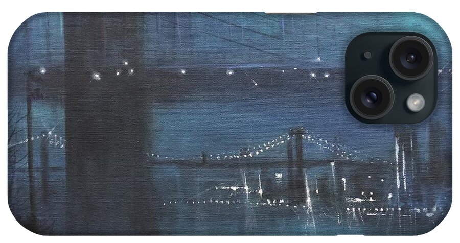 Brooklyn Bridge iPhone Case featuring the painting Brooklyn Bridge In Fog by Tom Shropshire