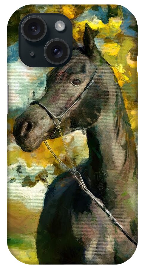 Arabian Horse iPhone Case featuring the digital art Brown arabian horse sitting in front of a tree - digital painting by Nicko Prints