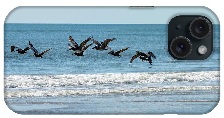 Action iPhone Case featuring the photograph Brown Pelicans in Flight by Liza Eckardt