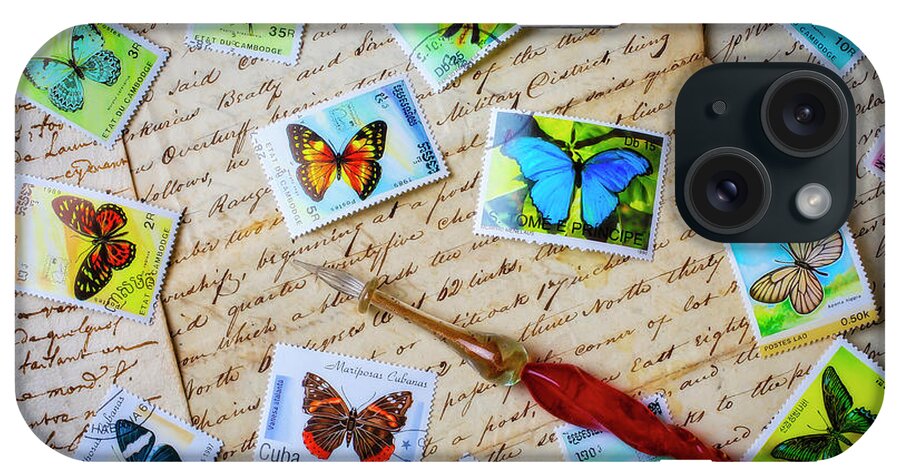 Butterfly; Butterflies; Postage; Stamps; Old; Document; Ink;red iPhone Case featuring the photograph Butterfly Stamps On Old Letters by Garry Gay