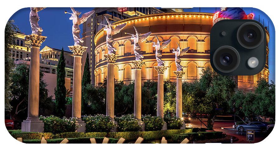 Post Card iPhone Case featuring the photograph Caesars Palace Coloseum at Night With Winged Angels at Dusk Post Card by Aloha Art