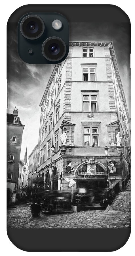 Lyon iPhone Case featuring the photograph Cafe du Soleil Lyon France Black and White by Carol Japp