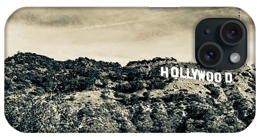 Hollywood Sign iPhone Case featuring the photograph California Hollywood Hills Sign Panoramic in Sepia by Gregory Ballos