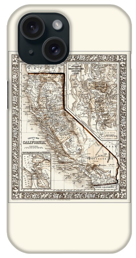 California iPhone Case featuring the photograph California Vintage County Map 1860 Sepia by Carol Japp