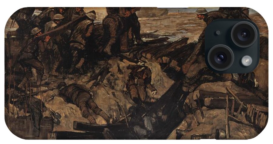  Redlin iPhone Case featuring the drawing Canadians Repairing a Track under Shell-Fire by Innes Meo