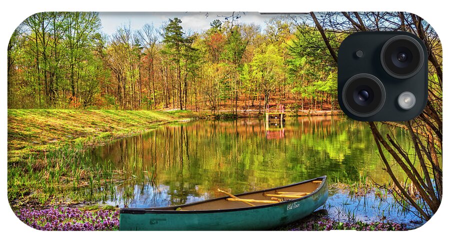 Benton iPhone Case featuring the photograph Canoe in the Spring Wildflowers at the Lake by Debra and Dave Vanderlaan