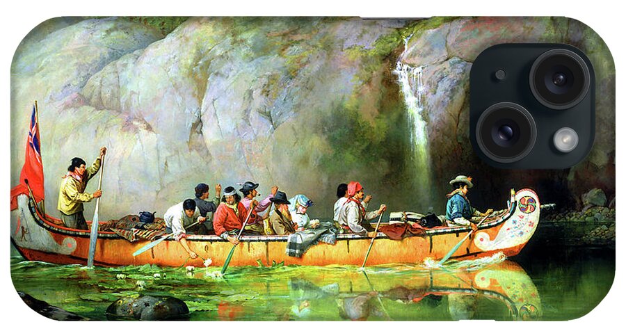 Canoe iPhone Case featuring the painting Canoe Voyagers Passing a Waterfall in Canada by Jon Baran
