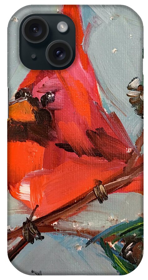 Cardinal iPhone Case featuring the painting Cardinal in a Fir Tree by Roxy Rich