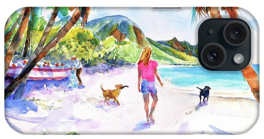 Beach iPhone Case featuring the painting Carefree Beach Dogs and Girl by Carlin Blahnik CarlinArtWatercolor