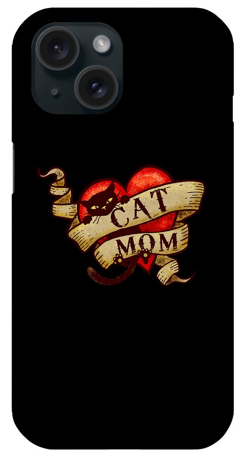 Cat Mom iPhone Case featuring the digital art Cat Mom in Retro Heart Tattoo by Laura Ostrowski