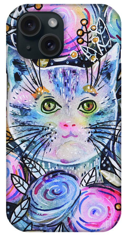 Floral Cat iPhone Case featuring the painting Cat on Flower Bed by Zaira Dzhaubaeva