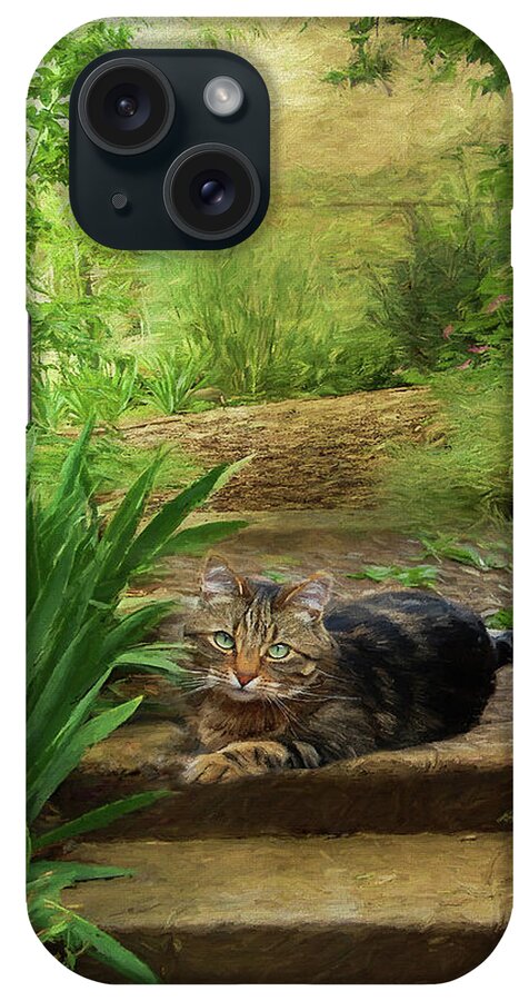 Cat iPhone Case featuring the digital art Cat on the Garden Stairs by Sherrie Triest