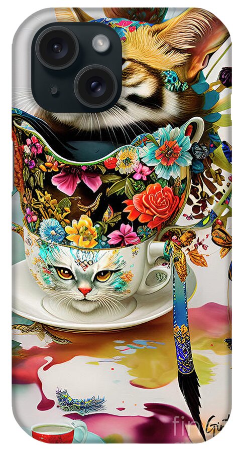 Digital Art iPhone Case featuring the digital art Cats in A Cup 2 Ginette In Wonderland Decorative Art by Ginette Callaway