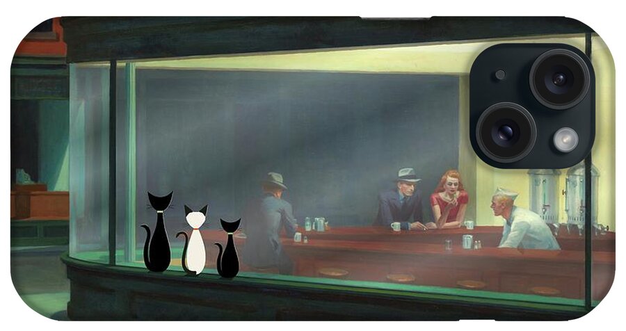 Nighthawks iPhone Case featuring the digital art Cats Peer Into Nighthawks Diner by Donna Mibus