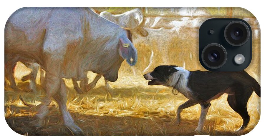 Farm Scene iPhone Case featuring the mixed media Cattle Dog Challenging Brahman Cow by Joan Stratton
