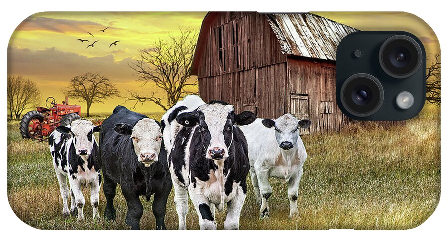 Barn iPhone Case featuring the photograph Cattle in the Midwest with Barn and Tractor at Sunset by Randall Nyhof