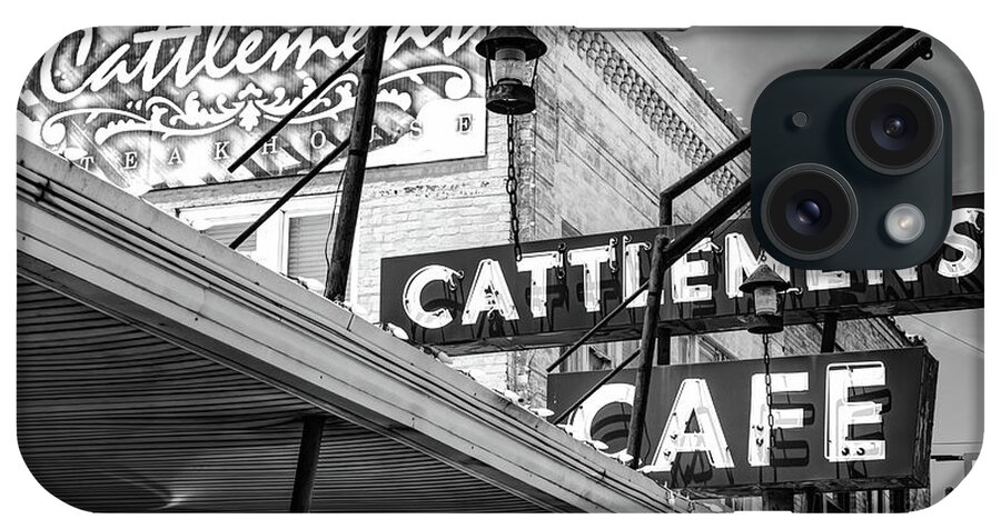 Oklahoma City iPhone Case featuring the photograph Cattlemens Cafe and Steakhouse Neon Sign - Stockyard City Monochrome by Gregory Ballos