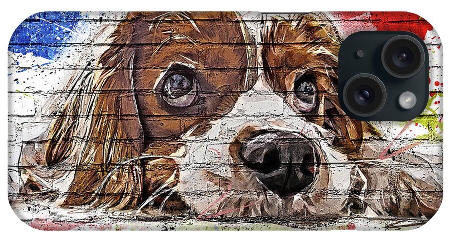 Cavalier iPhone Case featuring the painting Cavalier King Charles Spaniel Block Wall Pop Graffiti by Custom Pet Portrait Art Studio