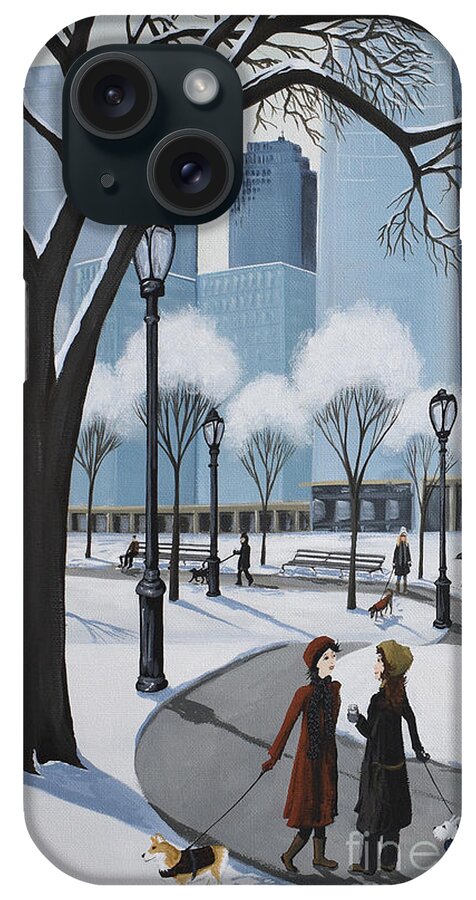 Central Park iPhone Case featuring the painting Central Park New York puppies dog by Debbie Criswell