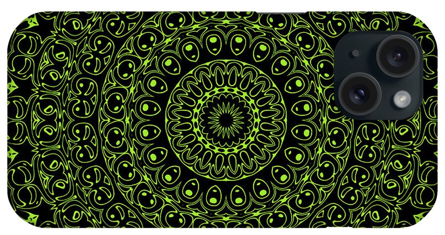 Chartreuse iPhone Case featuring the digital art Chartreuse on Black Mandala Kaleidoscope Medallion Flower by Mercury McCutcheon