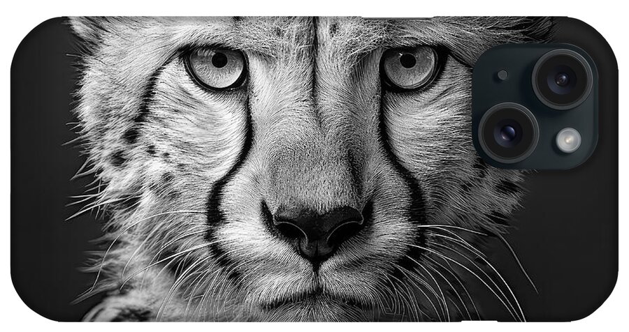 Cheetah iPhone Case featuring the digital art Cheetah Face BW by Elisabeth Lucas