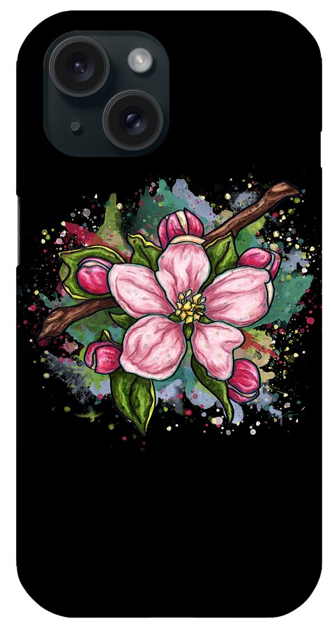 Flower iPhone Case featuring the painting Cherry blossom painting on black background, pink flower art by Nadia CHEVREL