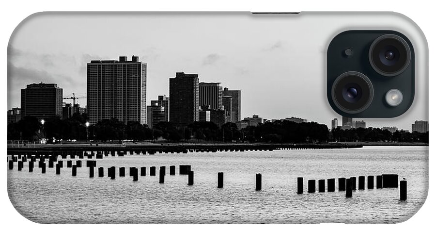 Chicago Illinois iPhone Case featuring the photograph Chicago Illinois Lake Michigan Panorama - Black and White by Gregory Ballos