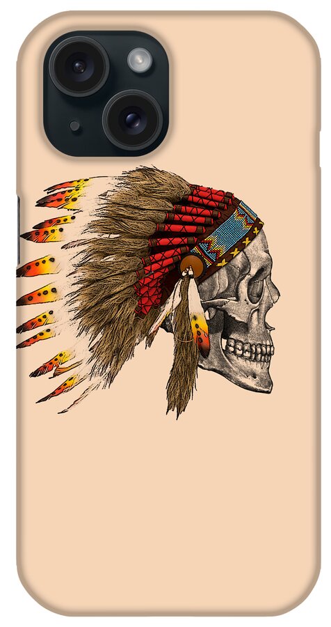 Indian iPhone Case featuring the digital art Chief headdress on human skull native american art by Madame Memento