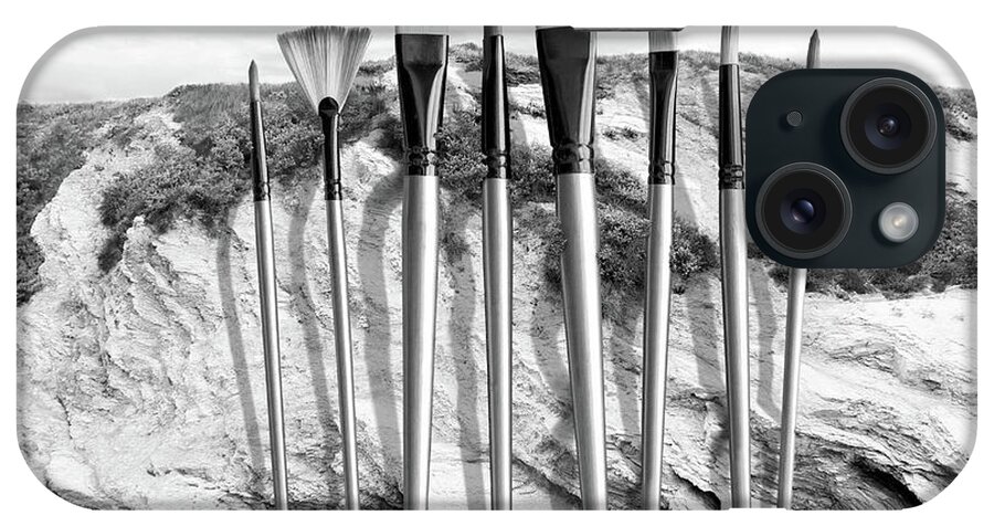 Surreal Monochrome Artists Brushes Standing Cliff Erosion Sand Beach Best Surrealistic Surrealism Digital Photograph Fantasy Digital Art Unreal Beyond Real Unusual Unearthly Uncanny Dreamlike Dreamscape Retouched Photoshop Edited Curious Imagination Make-believe Creative Creativity Vision Daydream Fanciful Illusion Original Mind's Eye iPhone Case featuring the photograph Choice Choices BW by Perry Hambright