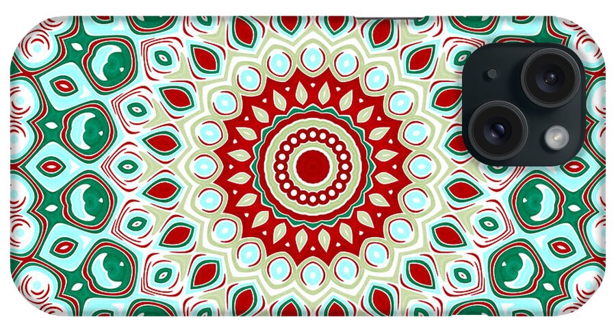 Red And Green iPhone Case featuring the digital art Christmas Holiday Mandala Kaleidoscope Medallion Flower by Mercury McCutcheon