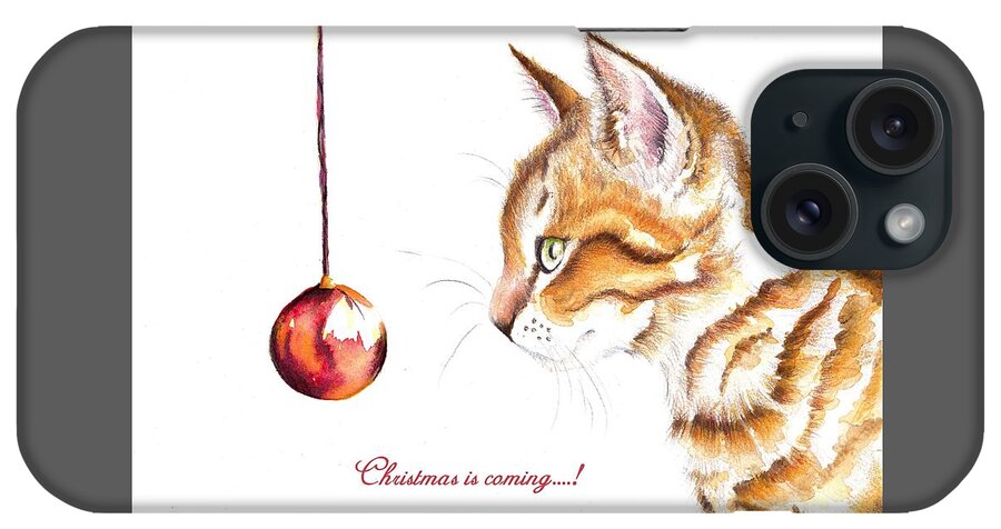 Cats iPhone Case featuring the painting Tabby Cat and Bauble - Christmas IS Coming 1 by Debra Hall