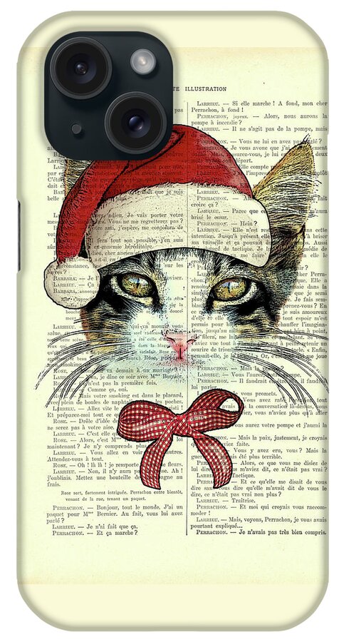 Cat iPhone Case featuring the mixed media Christmas kitty, cute xmas cat by Madame Memento