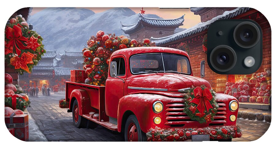 Christmas Art iPhone Case featuring the painting Christmas Red Truck in China by Lourry Legarde