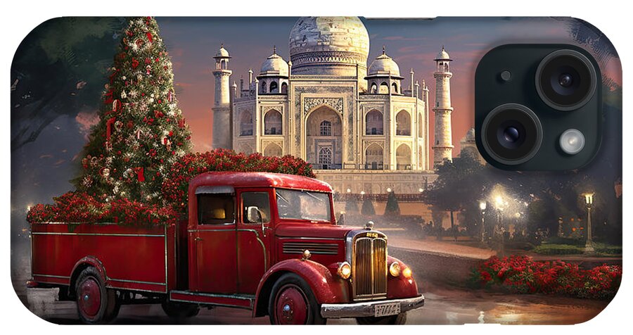 Christmas Art iPhone Case featuring the painting Christmas Red Truck in the Land of the Taj Mahal by Lourry Legarde