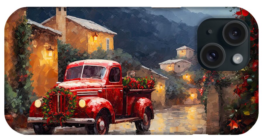 Christmas Art iPhone Case featuring the painting Christmas Red Truck in Tuscany by Lourry Legarde