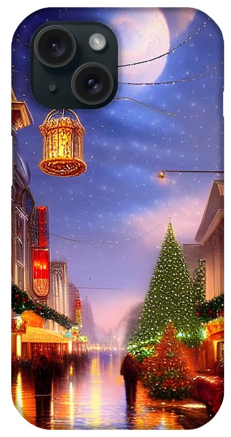 Digital Christmas City Shoppers Moon iPhone Case featuring the digital art Christmas Under the Moon by Beverly Read