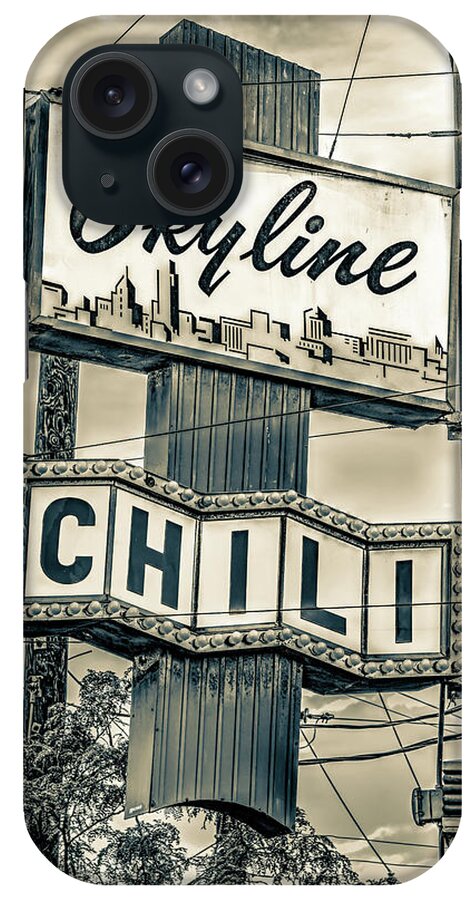 Cincinnati Skyline iPhone Case featuring the photograph Cincinnati Skyline Chili Sign - Sepia by Gregory Ballos
